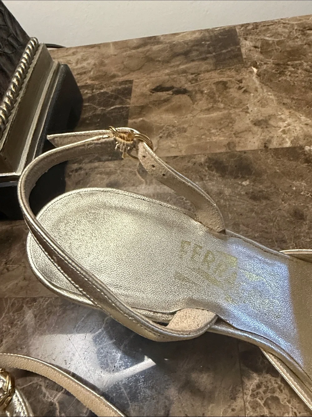 Salvatore Ferragamo Metallic Gold Pointed-Toe Slingback Heels - Picture 5 of 10